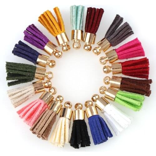 20 Pieces 5x18mm Suede Leather Colorful Tassel With Gold Color Cap Pendant For DIY Earring Finding Mix Colors Randomly
