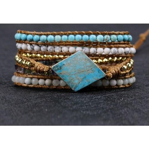2021 New arrive Unique Mixed Handmade natural stone rhomb shape charm Leather Wrap Bracelet&Bangle yoga lovers gift Jewelry