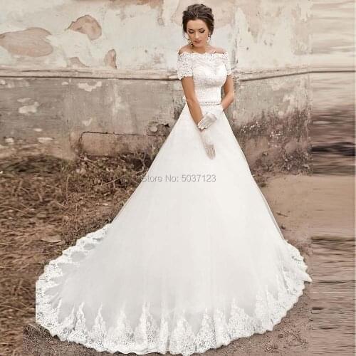 2021 Short Sleeves Wedding Dresses A Line Off the Shoulder Sleeves Lace Appliques Lace Up Bridal Wedding Gown Vestido De Noiva