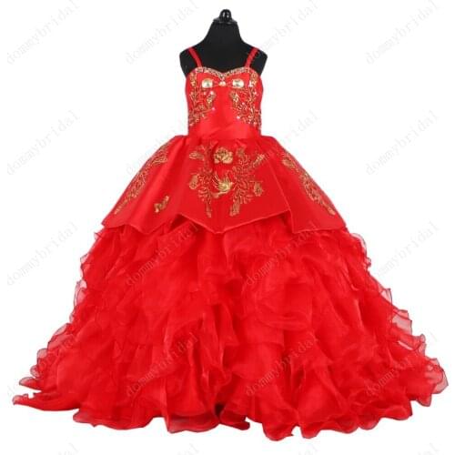 2021 Amazing Red and gold Embroidery Ball Gown Kids Flower Girl Dresses Satin Ruffles Straps Charra First Communion Prom Dress