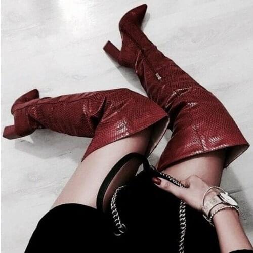 Burgundy Thigh High Boots Block Heel Sexy Pointed Toe Zipper Women Runway Boots Red Over The Knee Solid Winter Women Boots