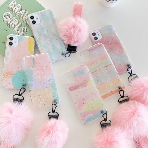 Epoxy Glitter Sequins Geometric Pink Case for iPhone 12 Mini 11 Pro XS Max XR Candy Color Plush Fur Ball Hand Holder Strap Cover
