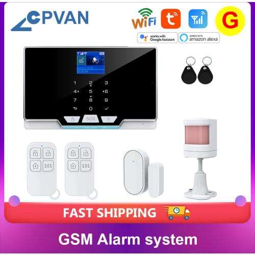 Cpvan Tuya WiFi GSM home burglar security alarm system 433MHz apps control LCD touch keyboard 11 languages work with Alexa