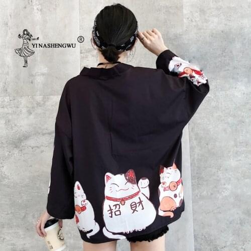 Japanese Lucky Cat Print Kimono Cardigan Female Loose Shirt Tops Beach Casual Coat Yukata Women Kimonos Cosplay Asian Clothings