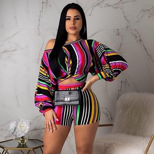 Striped 2 Two Piece Set Puff Sleeve Crop Top and Biker Shorts Sexy Club Summer Outfits for Women Matching Sets