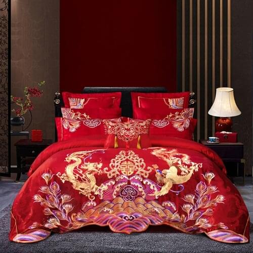 Luxury Red Satin Jacquard Egyptian Cotton Wedding Bedding Set Long Phoenix Embroidery Double Duvet Cover Bed Sheet Pillowcases