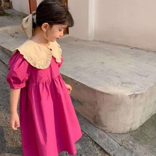 Summer 3-8 Years Big Lapel Dress Puff Sleeve Childrens Girl Cute Sweet PrincessCasual Long Dress