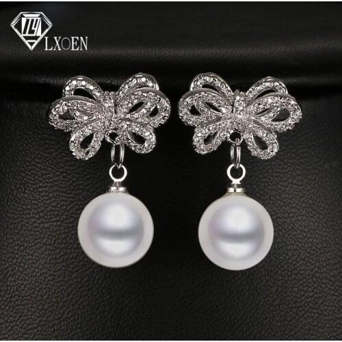 LXOEN Elegant Simulated Pearl Drop Earrings With Flower Shape Silver Color Crystal Earrings Jewelry Gift Pendientes