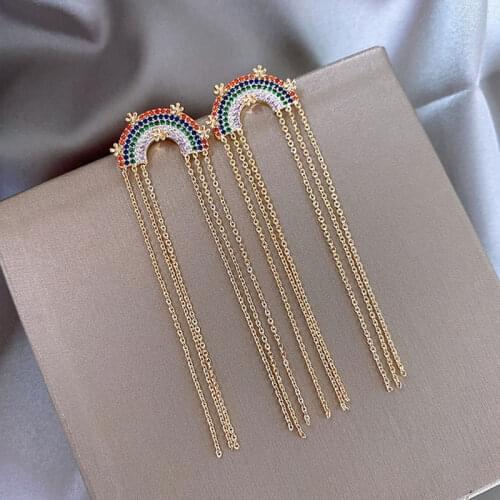 Minar Romantic Sparkly Rhinestones Rainbow Long Tassel Earring for Women Gold Color Chain Hanging Drop Earrings Korean Jewelry