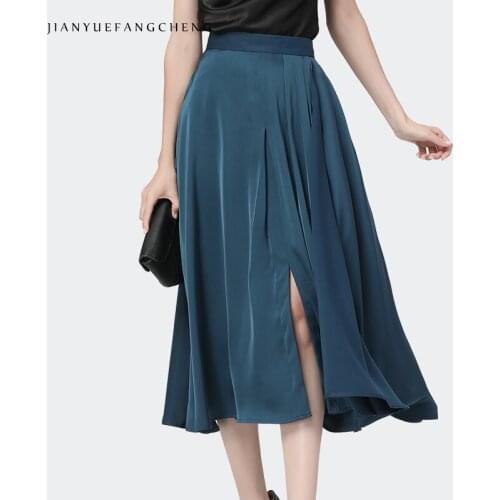 Fashion Women Summer Blue Satin Skirt Mid-Length Big Swing Temperament Pleated Skirts Plus Size A-Line Split Ladies Bottoms