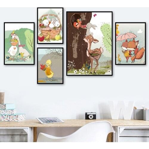 Cartoon Duck Bear Rabbit Deer Flower Animal Nordic Posters And Prints Wall Art Canvas Painting Wall Pictures For Kids Room Decor