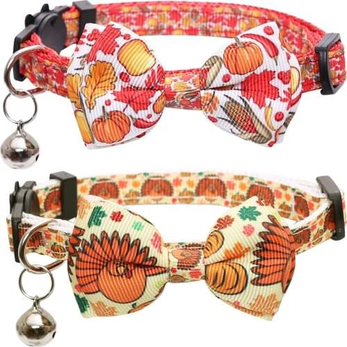 Newest Thanksgiving Breakaway Cat Collar with Bell and Bowtie Turkey Pumpkin Pattern Adjustable Safety Kitten Collars For Pets