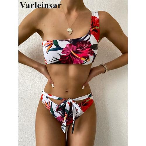 2021 New One Shoulder Floral Bikini Female Swimsuit Women Swimwear Two-pieces Bikini set Bather Bathing Suit Swim Lady V2352