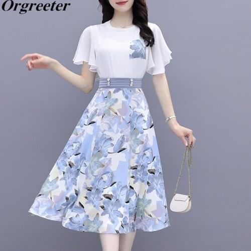 Summer New Chiffon 2 Piece Sets Women Butterfly Sleeve White Chiffon Tshirt + High Waist Flower Print Skirt Suit Female Outfits
