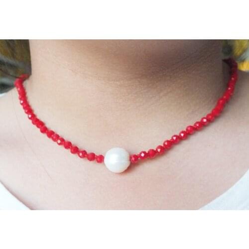4mm red crystal, white natural pearls Most classic ladies party, necklace 18"