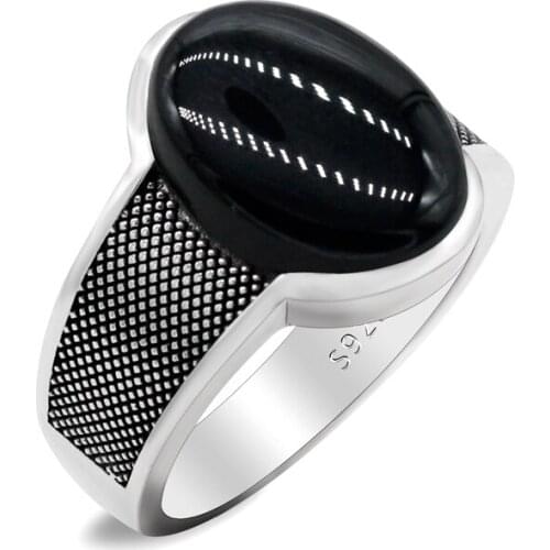 Gift for Husband 925 Sterling Silver Mens Black Agate Ring Mens Large Natural Stone Ring Retro Punk Jewelry Men Men