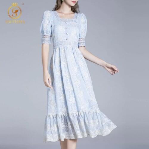 SMTHMA Blue Elegant Summer Dress For Women Square Collar Short Sleeve Lace Hollow Out Patchwork Embroidery Flowers Dresses