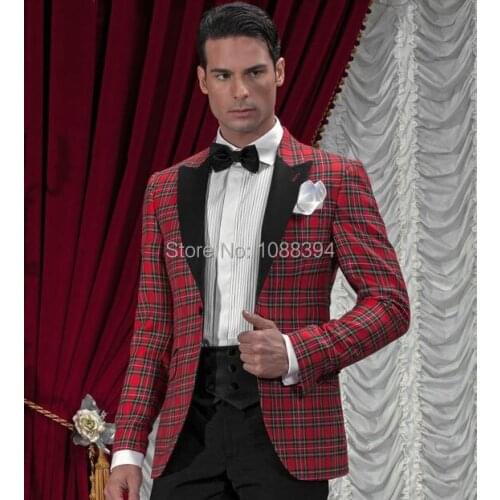 Dinner Blazer Slim Fit Red Plaid Men Suits Peaked Lapel Wedding Groom Tuxedos Groomsmen Suits Party Formal Suit Jacket+Pants+Bow