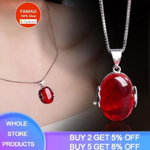 YANHUI Charm Chain Necklace Women Popular Jewelry 925 Sterling Silver Emerald/Ruby Pendant Necklace for Women Gift