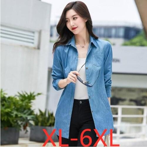 New spring autumn plus size women top casual loose cotton large size long sleeve denim shirt for womens blue 4XL 5XL 6XL 7XL