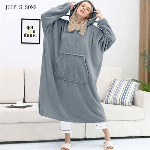 JULYS SONG Thick Flannel Nightgown Women Pajamas Sleepwear Female Autumn Winter Casual Nightwear Loungwear TV Hoodie Blanket