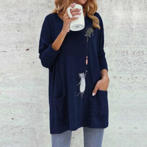 2020Harajuku Style Top Autumn Women T-shirt Round Neck Cat Catching Fish Cartoon Loose Tops Full Sleeve Lady Mid-Length Clothing