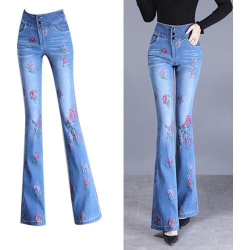 Flowers Embroidery Stretching Wide Leg Flare Jeans Women Denim Long Pants High Waist Lady Elegant Slim Capris Ethnic Style