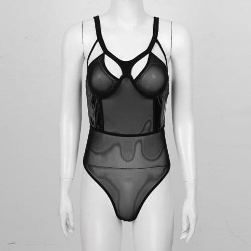 Women Patent Leather Patchwork Bodysuit Hallow Out See-through Mesh Underwire Unlined Bra High Cut Leotard Thongs Sexy Jumpsuit