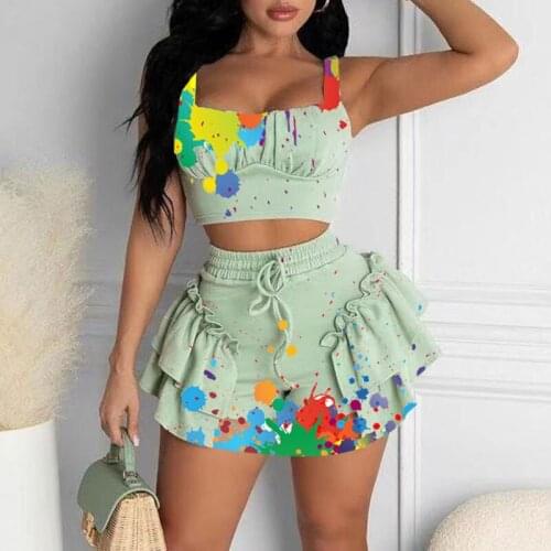 2021 Summer Women Sexy Two Piece Dress Oversize Sleeveless Ink Splash Print Sling Crop Top & Frill Hem Drawstring Skirt Sets