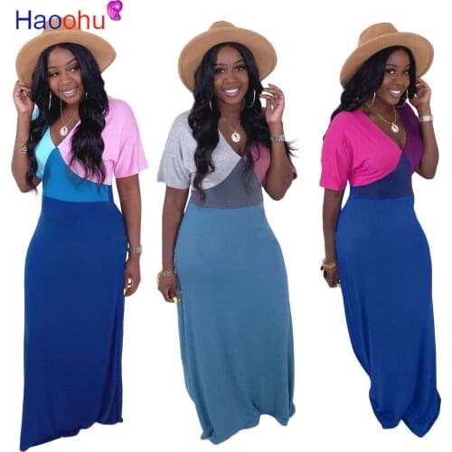 HAOOHU Contrast Color Spliced Sexy Dress Women v Neck Short Sleeve Package HipDress Summer High Waist Long Maxi Bodycon Dress
