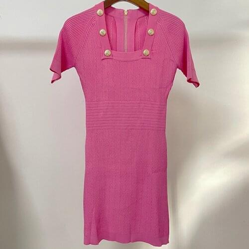 HIGH STREET Newest 2021 Runway Designer Fashion Womens Short Sleeve Square Collar Lion Buttons Knitted Dress