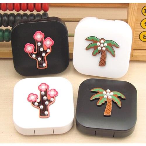 10pcs Fashion DIY Convenient Cute cartoon trees pattern with Mirror contact lens case High quality detailed Lovers Nursing box