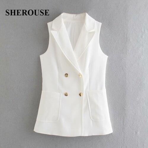 2021 Women Fashion With Pockets Double Breasted Solid Blazer Vest Sleeveless Notched Neck Vintage Female Blazer Chic Tops