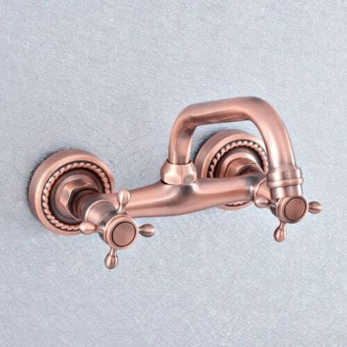 Antique Copper Wall Mount Basin Faucets Dual Handles Mixer Tap Hot Cold Water Mixer Tap For Kitchen 360 Rotation Kitchen Mixer