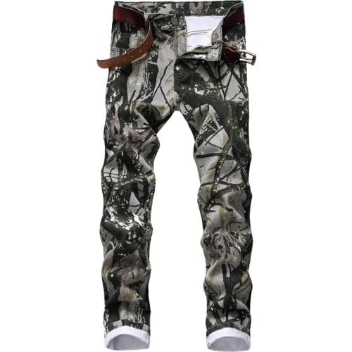 Free shipping new fashion male mens Jeans amouflage printed jeans slim fit leaf pattern painted stretch denim pants trousers