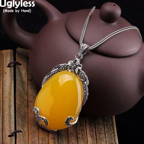 Uglyless Big Yellow Chalcedony Pendants Necklaces NO Chains Marcasite Ethnic Thai Silver Necklaces for Women 925 Silver Jewelry