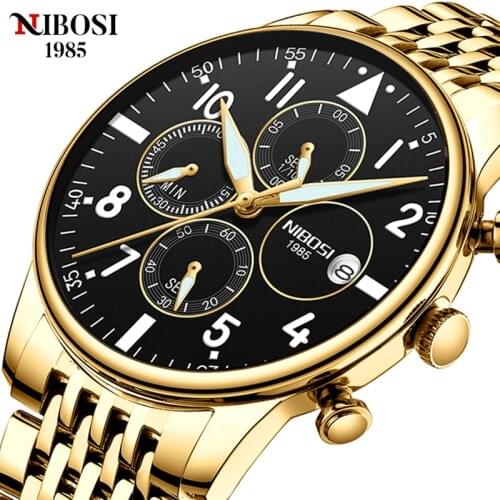 NIBOSI Golden Mens Watches New Fashion Stainless Steel Top Brand Luxury Military Chronograph Quartz Watch Men Relogio Masculino