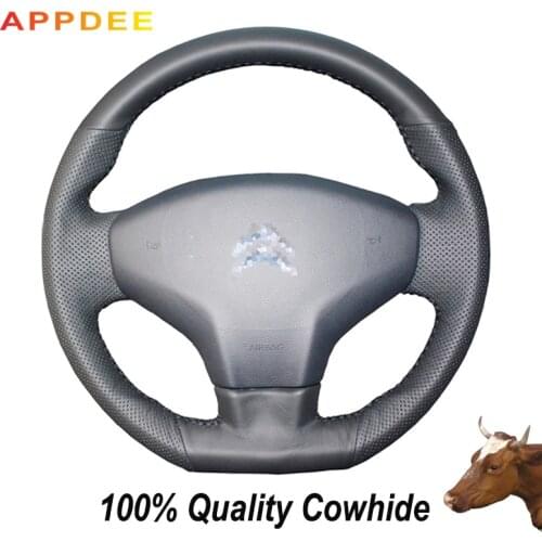 APPDEE Hand-stitched Black Genuine Leather Steering Wheel Cover for Citroen Elysee C-Elysee 2014 New Elysee