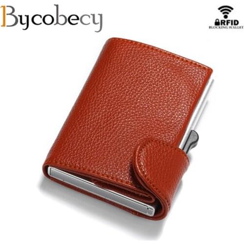 Bycobecy Anti Rfid Credit Card Holder Case Men slide Leather id Card Holder Bank Aluminium Metal Wallet Creditcard Bag popwallet