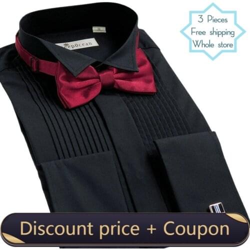 DEEPOCEAN Mens Long Sleeve Shirt Wing Collar Shirt Cufflink Bow Tie