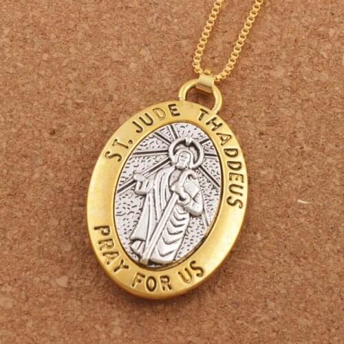 Two-tone ST.JUDE THADDEUS PRAY FOR US 2inch Pendant Necklace Travel Protection Necklaces 24inches N1778