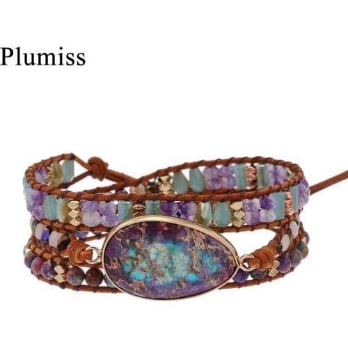 Leather Wrap Bracelet Natural Stone Purple Imperial Jaspers Teardrop Beads Bracelets Crystal Amethysts Art Statement Jewelry