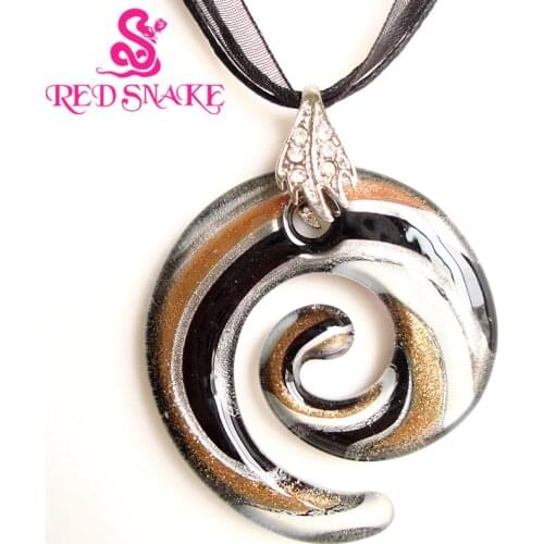 RED SNAKE Murano Glass Black Multi Color Abstract Nebula Corkscrew Spin Round Pendant Necklace