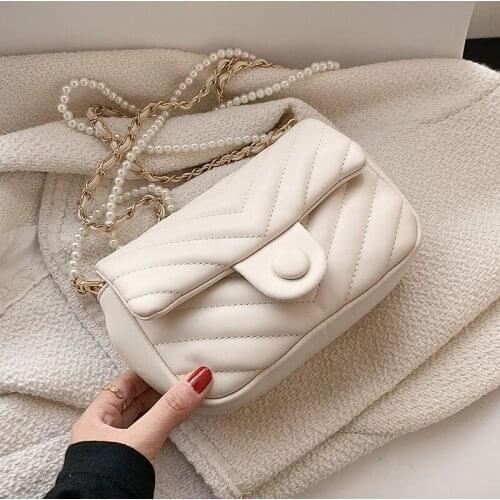 V Line Chain Beading Small PU Leather Crossbody Shoulder Bag For Women 2021 Trends Designer Summer Purses And Handbags
