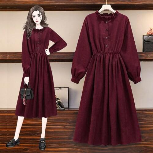 Younger sister of new fund of 2020 autumn winters corduroy show thin waist temperament agaric edge long-sleeved dress