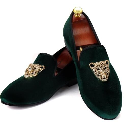 Harpelunde Men Wedding Shoes Handmade Green Velvet Loafer Slippers With Animal Buckle Size 6-14