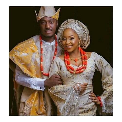 Original Coral African Bridal Costume Party Jewelry Bride and Groom Real Coral Beads Nigerian Wedding Couple Jewelry Sets ABH786