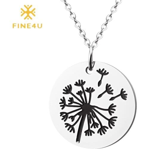 FINE4U N494 Stainless Steel Engraved Dandelion Pendant Necklace For Women Mommy Mom Jewelry Gifts