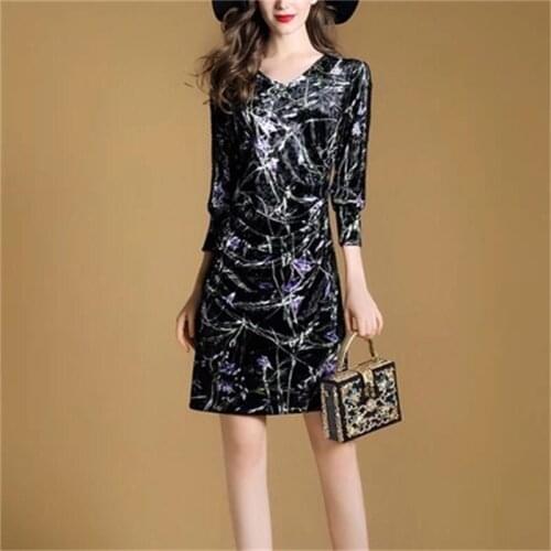 Gold velvet womens autumn New V collar dress splicing printed Slim sleeve dress women