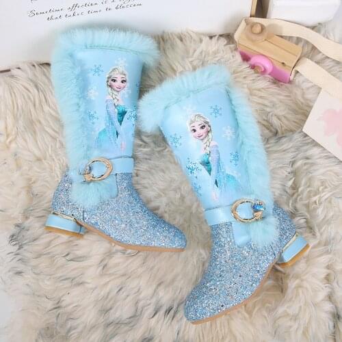Disney 4-13 Years Old Children Winter Botas Warm Long Boots Girls Low Heel Sequins Snow Boots Frozen Boots